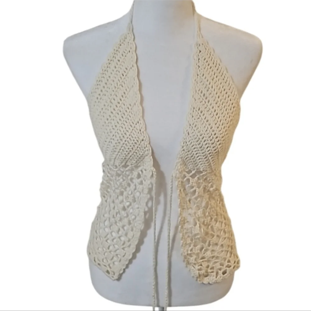 Hand Crafted Crochet Crop-Top Handmade Fishnet Swim Design Cream Summer Layer OS - Picture 5 of 17